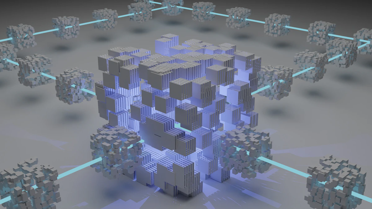 Formação abstrata em tons holográficos representando fluxo de dados criptografados